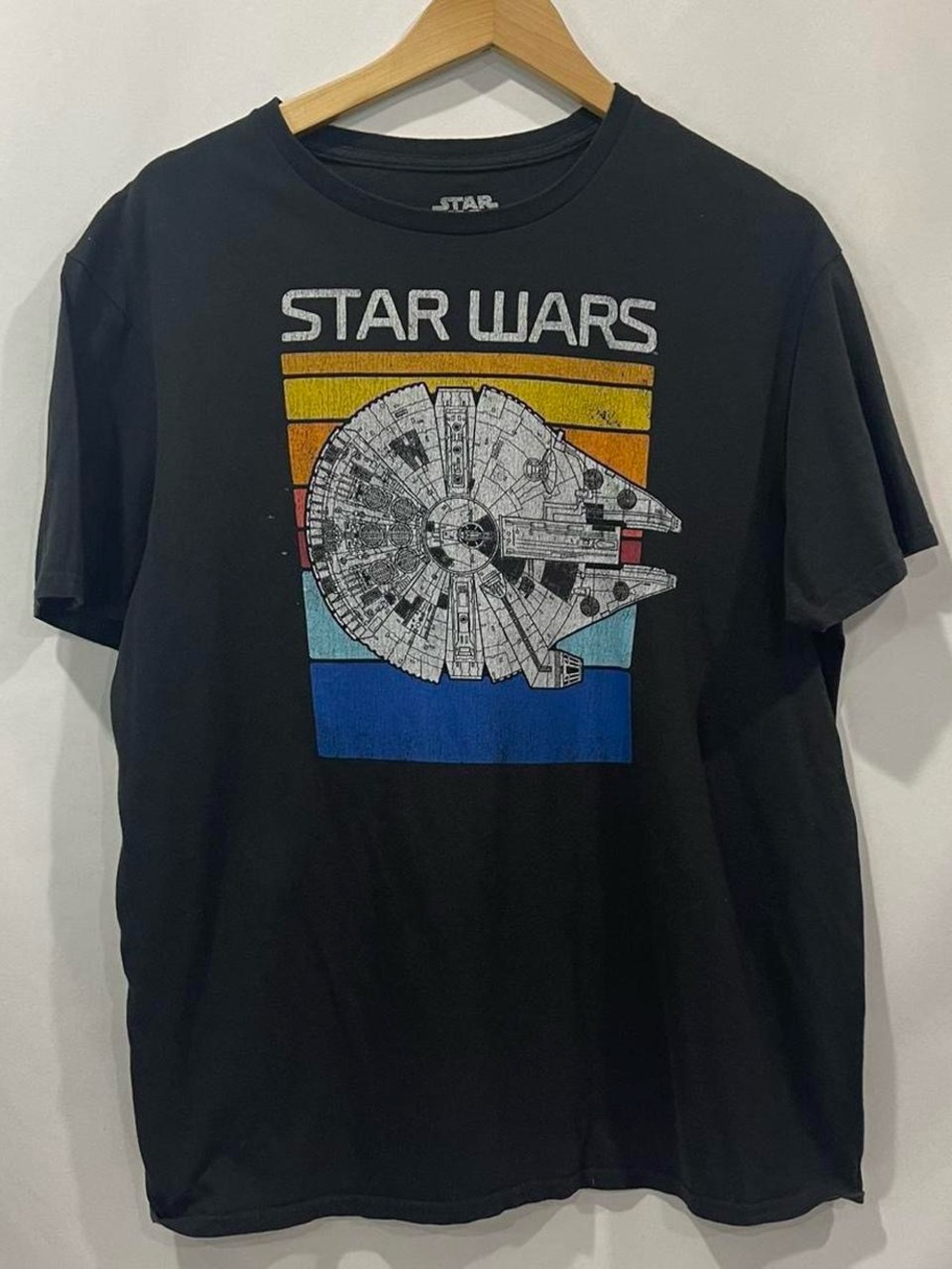 Star Wars Black Tee with Millennium Falcon and Retro Stripes